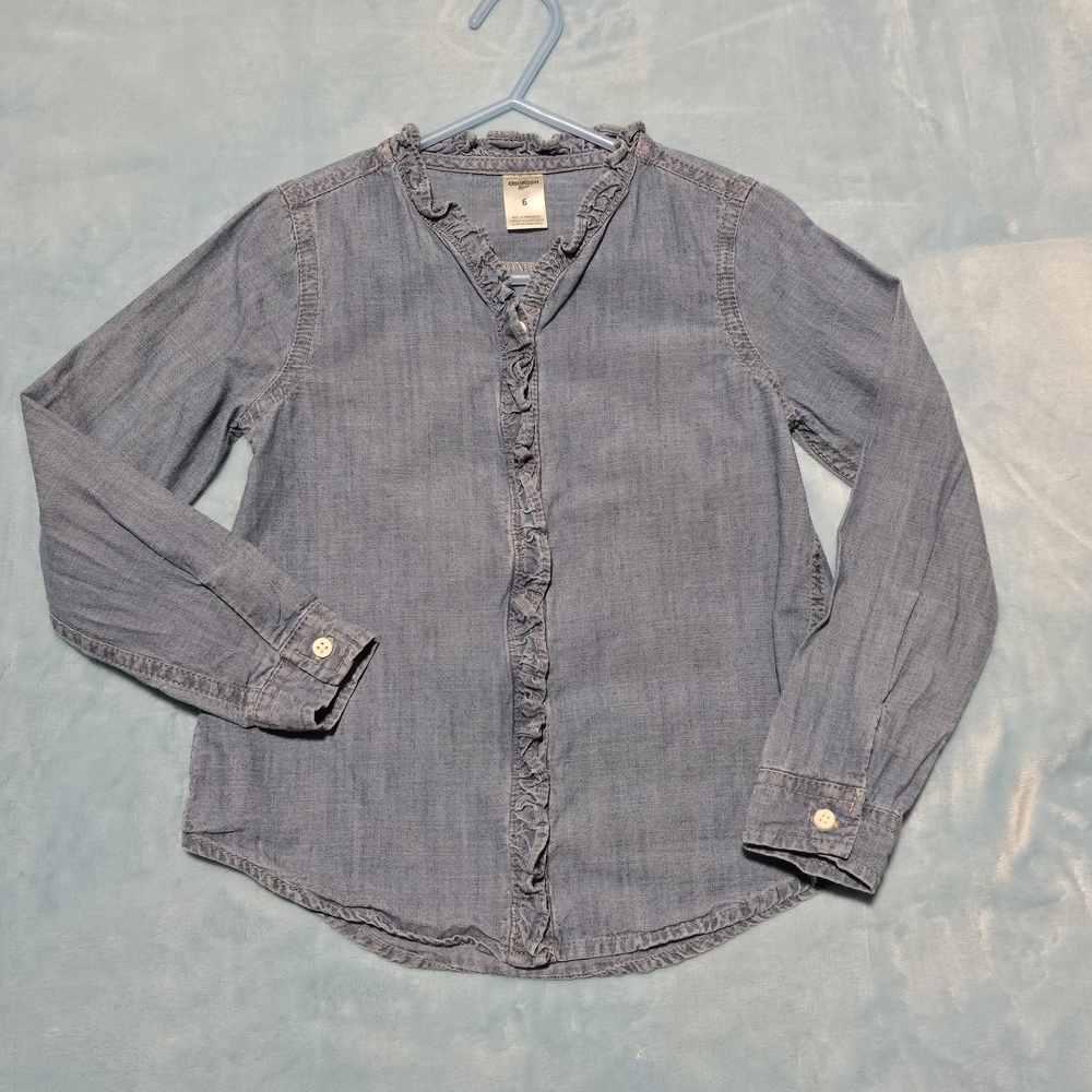 OshKosh B'gosh Demin Button Up Kids Top. Ruffled Collar And Front. Size 6